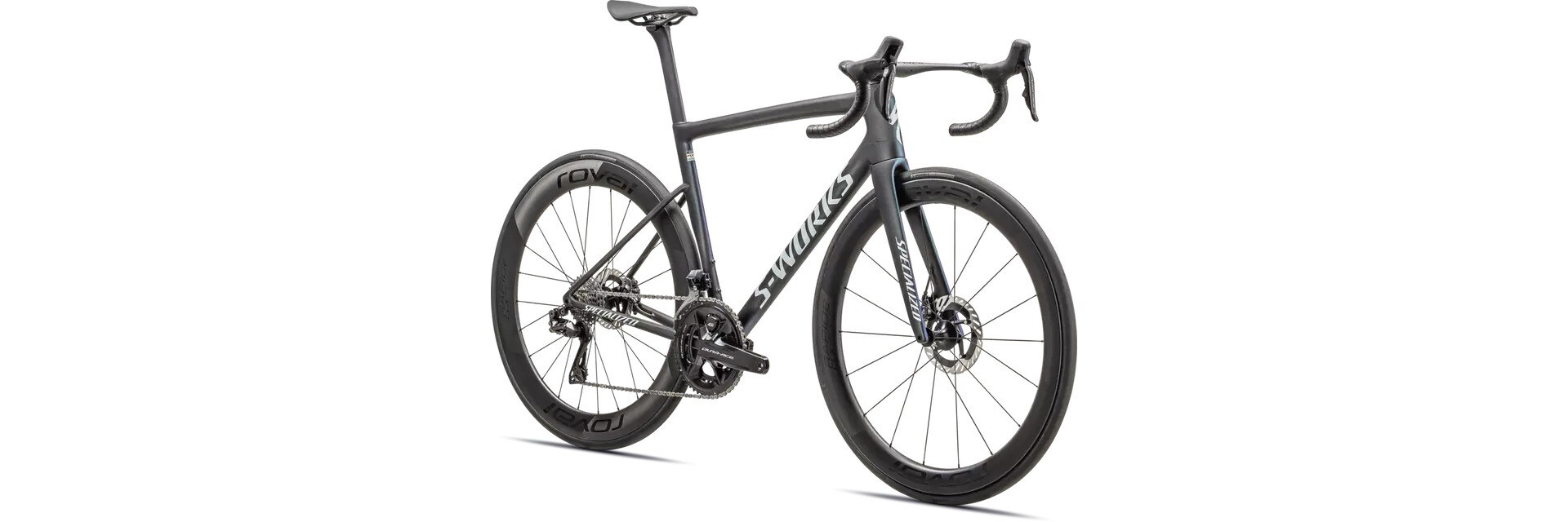Specialized Cykel, Tarmac SL8 S-Works Dura-Ace, Satin Carbon / Viavi Cynan Blue / Viavi Silver-Blue Pearl Fade / Gloss Metallic WHITE SILVER