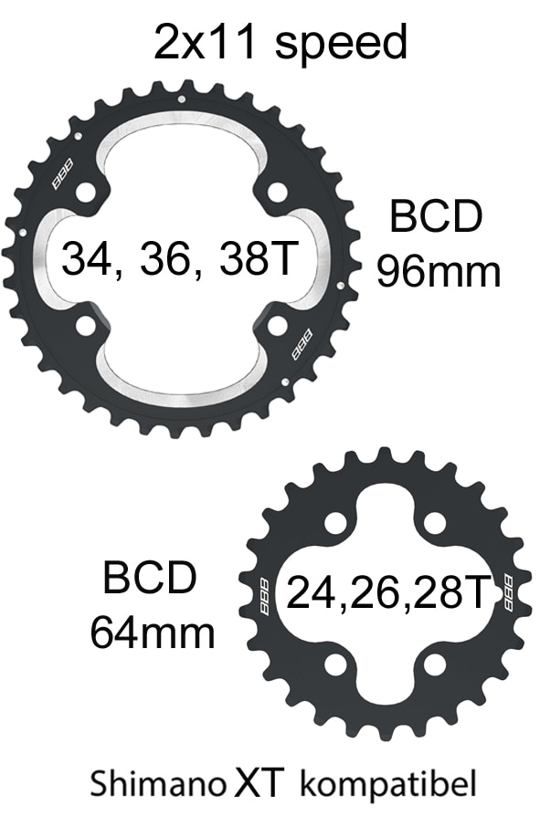 BBB Drev, MTB Gear 2x11, Shimano XT-M8000 4 arms 64/96 mm, 24 - 38t