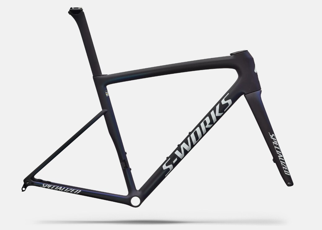 Specialized Ram, Tarmac SL8 S-Works, Satin Carbon / Cyan to Blue Viavi Pearl Front Edge Fade / Metallic White Silver