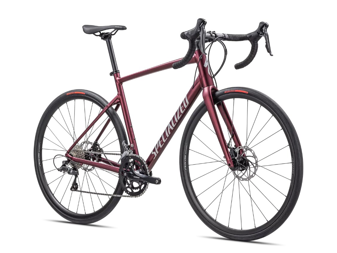 Specialized Cykel, Allez E5 Disc, Satin Maroon / Silver Dust / Flo Red