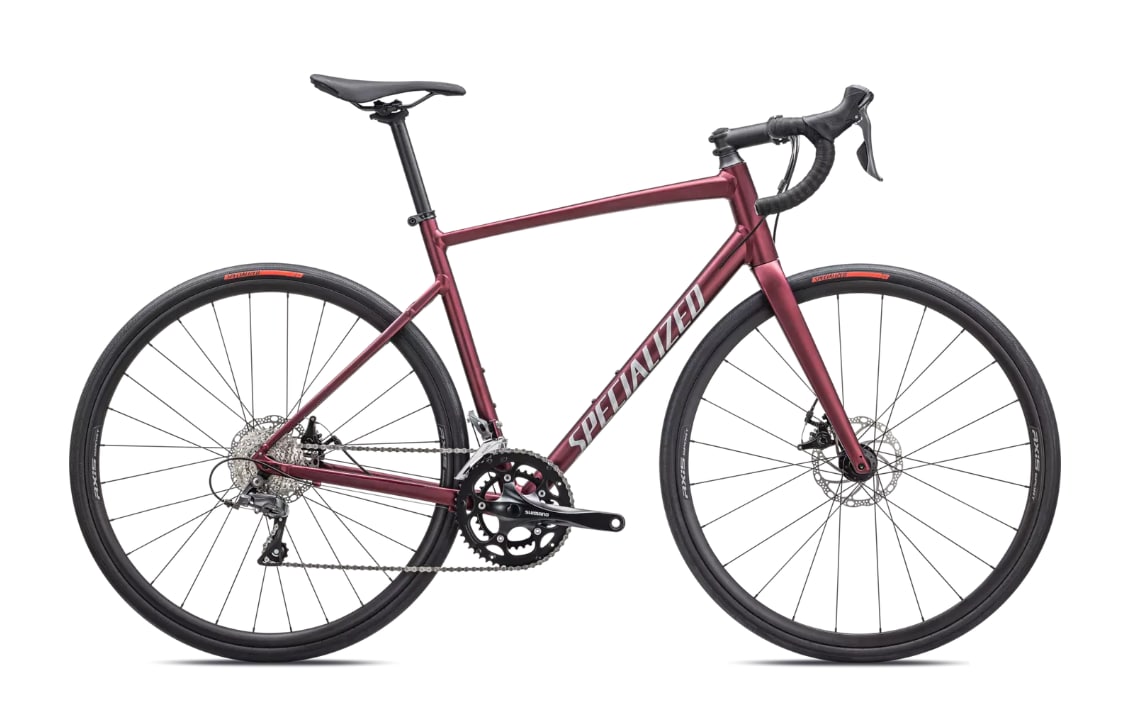Specialized Cykel, Allez E5 Disc, Satin Maroon / Silver Dust / Flo Red