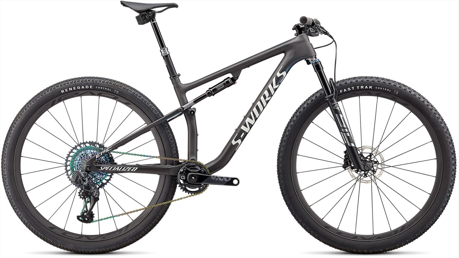Specialized Cykel, Epic S-Works, SATIN CARBON/COLOR RUN BLUE MURANO PEARL/GLOSS CHROME FOIL LOGOS