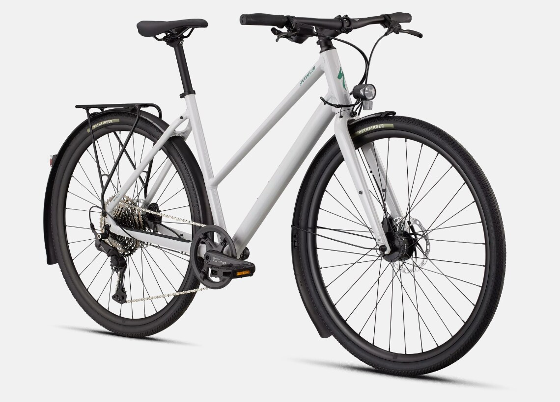 Specialized Cykel, Sirrus X 3.0 Step-Through EQ, Gloss Dove Grey / Metallic Pine Frost Reflective