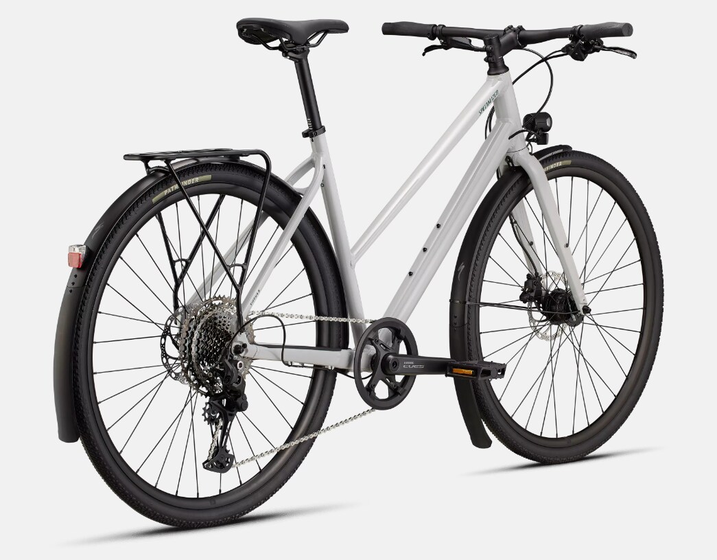 Specialized Cykel, Sirrus X 3.0 Step-Through EQ, Gloss Dove Grey / Metallic Pine Frost Reflective