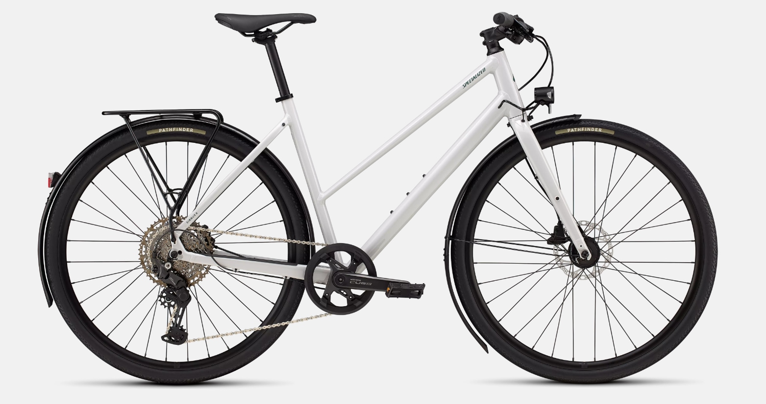 Specialized Cykel, Sirrus X 3.0 Step-Through EQ, Gloss Dove Grey / Metallic Pine Frost Reflective