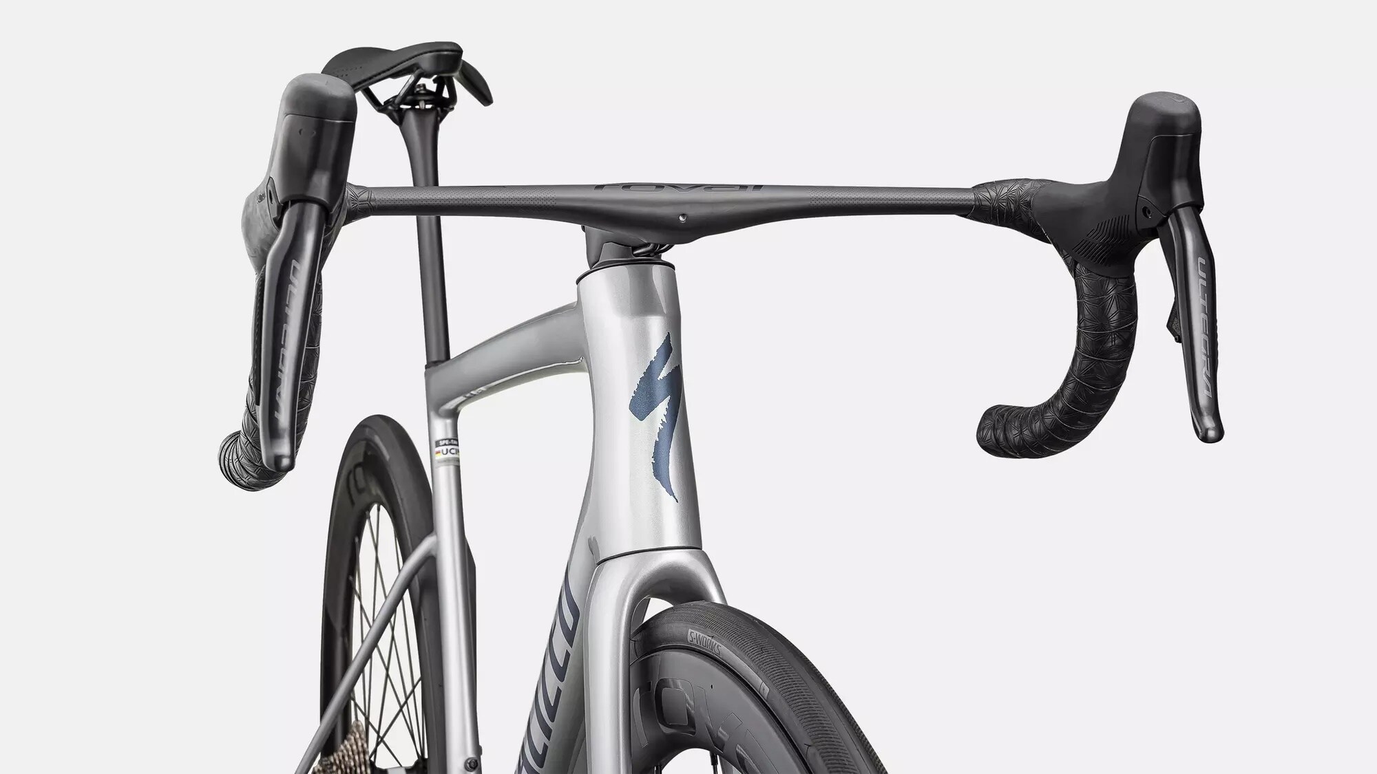 Specialized Cykel, Tarmac SL8 Pro UDi2, Gloss Liquid Silver / Satin Blue Pearl Over Black Liquid Metal