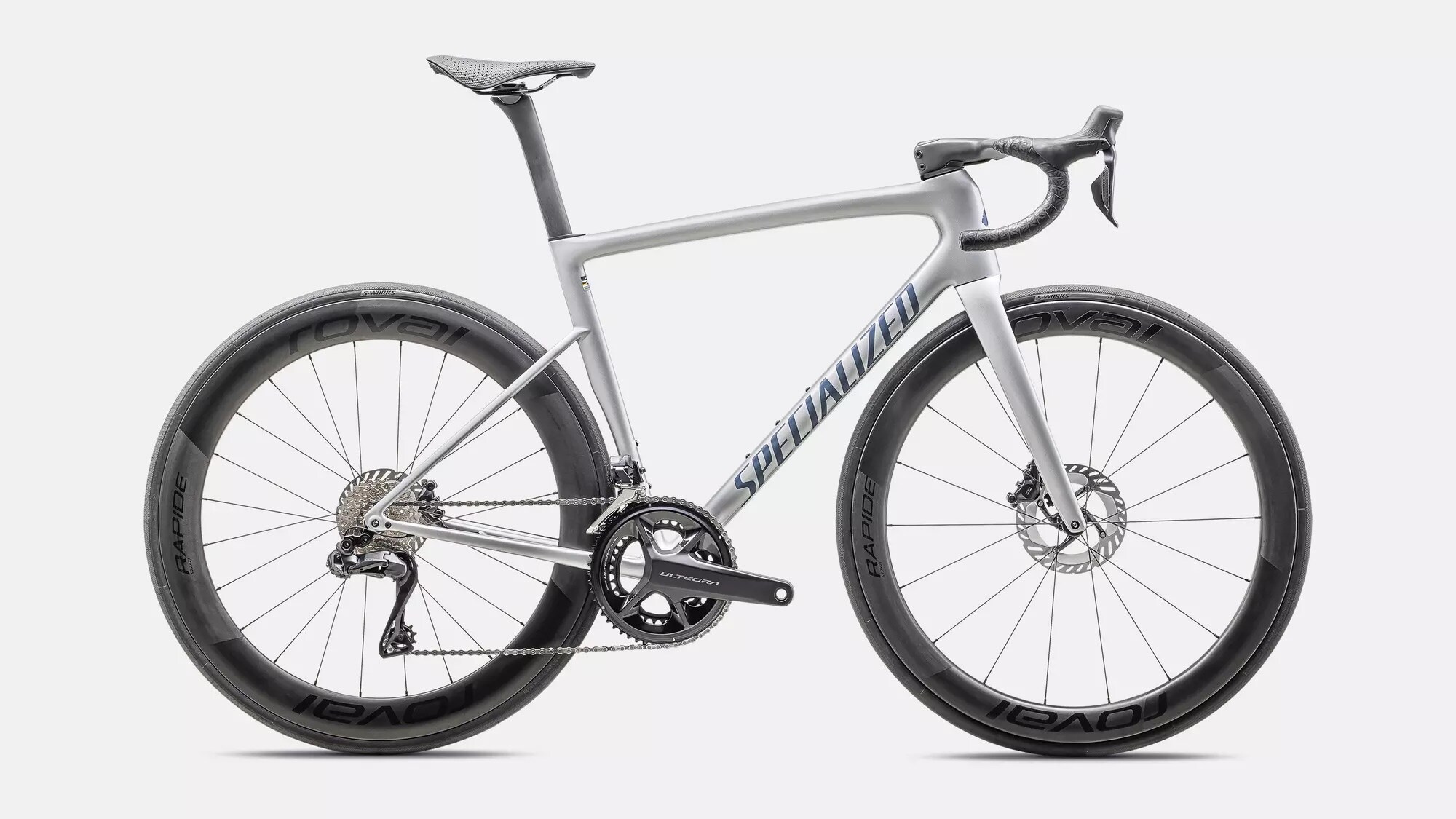 Specialized Cykel, Tarmac SL8 Pro UDi2, Gloss Liquid Silver / Satin Blue Pearl Over Black Liquid Metal