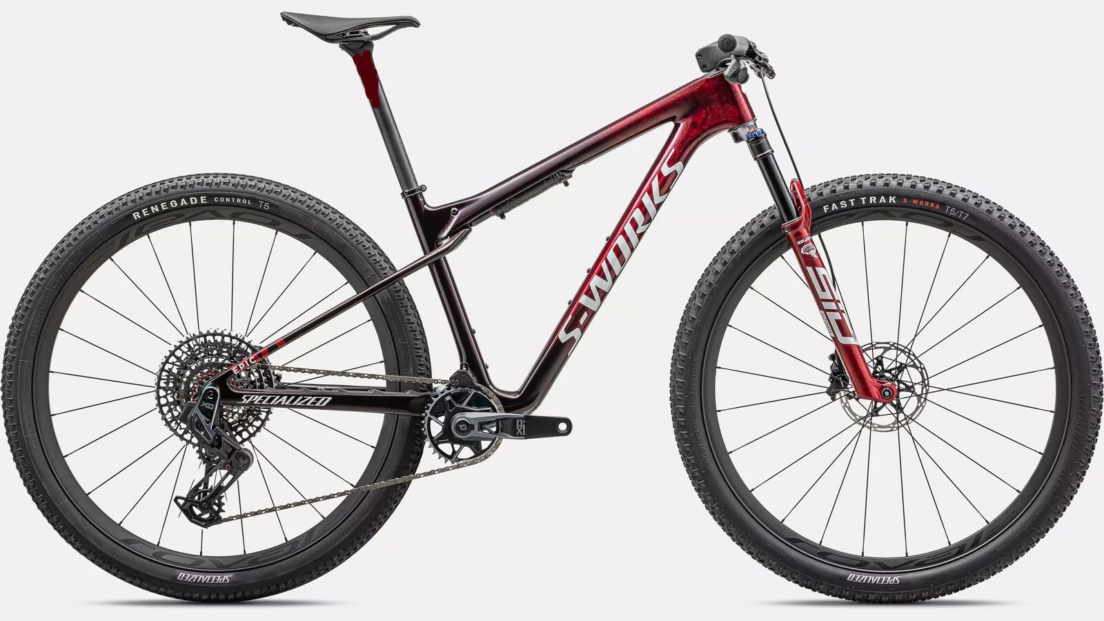 Specialized Cykel, Epic World Cup S-Works X0 T-Type, Gloss Red Tint/Flake Silver Granite/Metallic White Silver